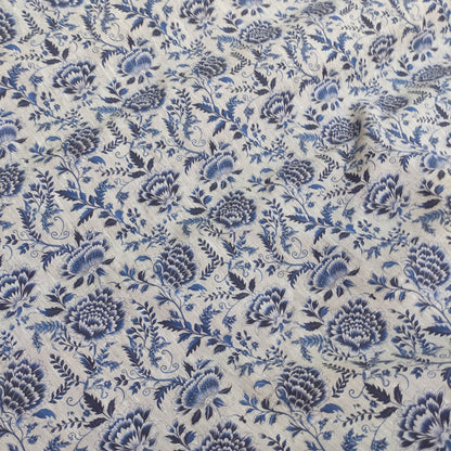 100% LINEN Fabric indigo blue on oatmeal natur linen, white botanical chinoiser fabric, French linen floral