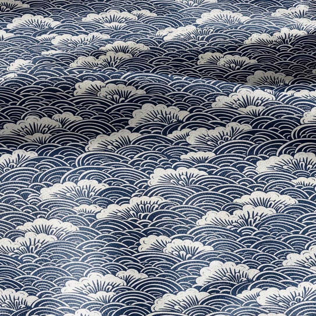 100% LINEN Fabric block print indigo on white - Japanese sea -  heavy linen fabric for upholstery home decor or medium for dress making 2150