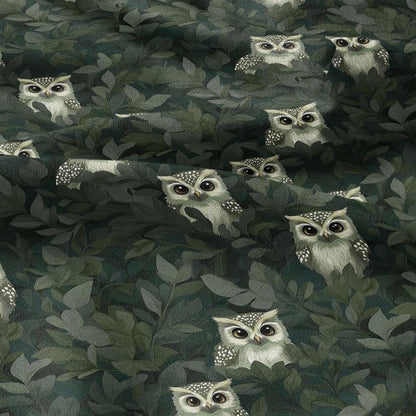100% linen Greenery Owl Print fabric for Curtain Upholstery Cushion - Green Bird forest - for dress making sewing 2210