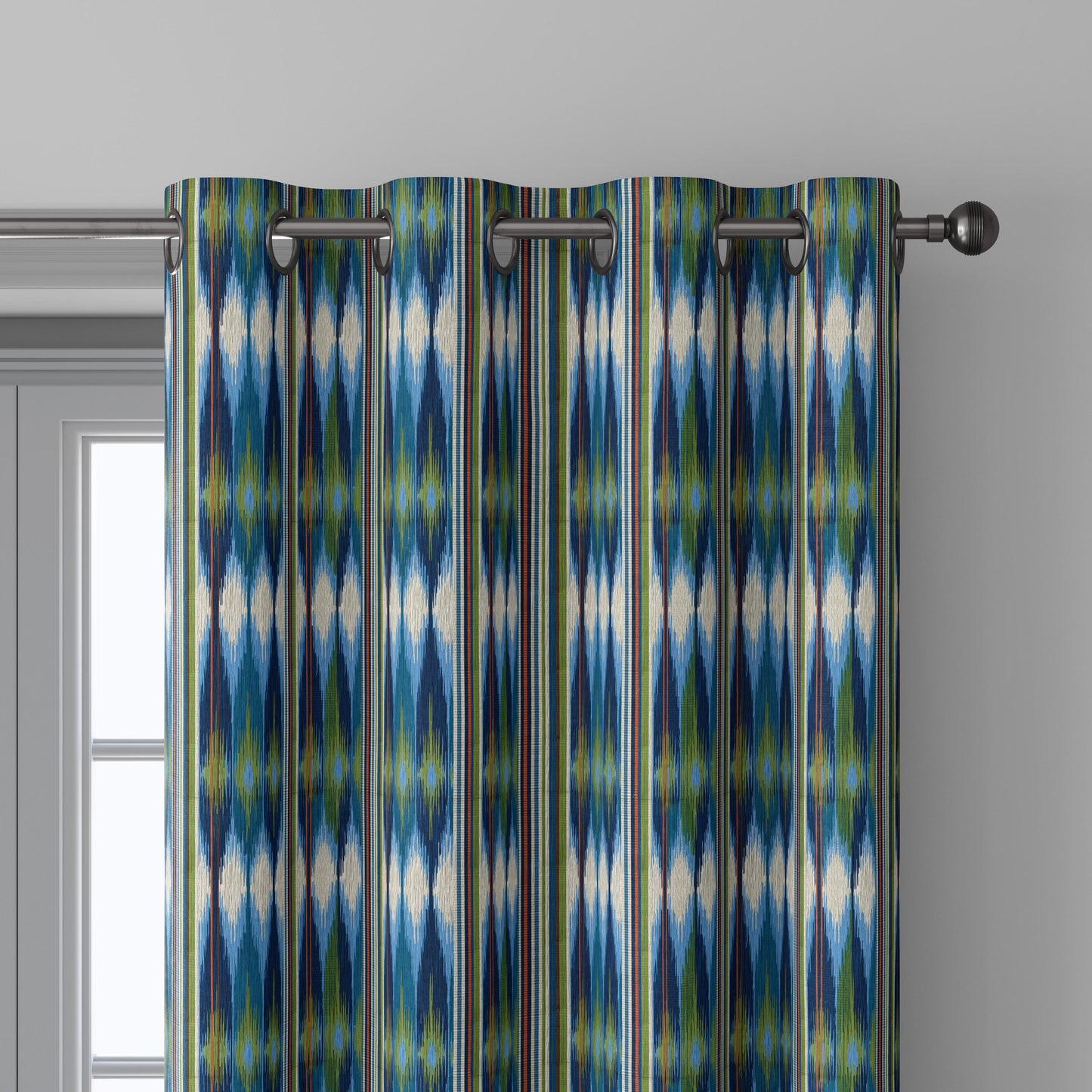 100% linen fabric green blue ikat stripe print - Vintage abstract modern geometric 3398
