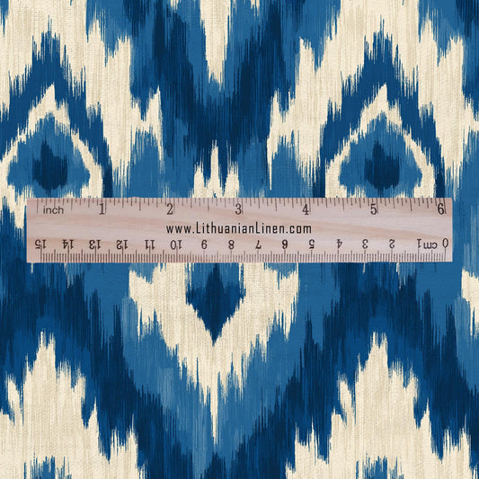 100% LINEN Fabric Abstract Ikat ethno print - Modern Blue beige - for upholstery home decor curtains pillows sewign dress 2980