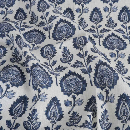 100% LINEN Fabric block print indigo blue on white - floral print heavy linen fabric for upholstery home decor sewing 2009