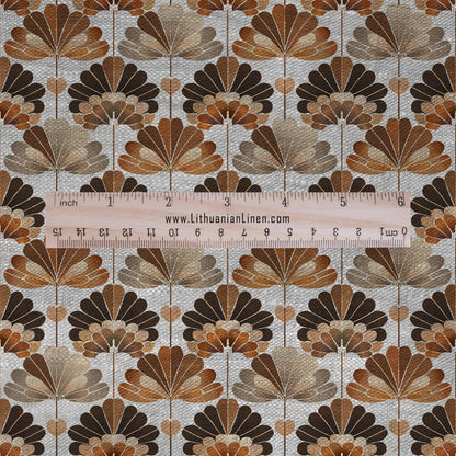 100% LINEN Fabric Geometric brown print - mid-century modern floral print on linen for upholstery curtains dress making 2649