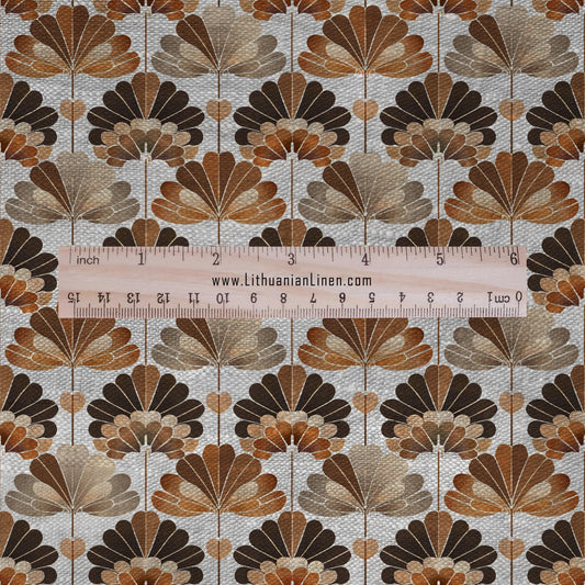 100% LINEN Fabric Geometric brown print - mid-century modern floral print on linen for upholstery curtains dress making 2649