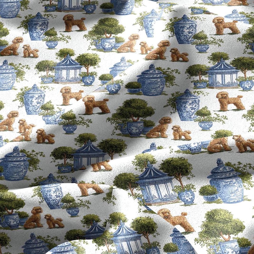 100% linen fabric poodle dog print - Vintage toile de jouy blue green botanical  - Historical chinoiserie topiary 3348
