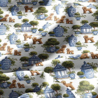100% linen fabric poodle dog print - Vintage toile de jouy blue green botanical  - Historical chinoiserie topiary 3348