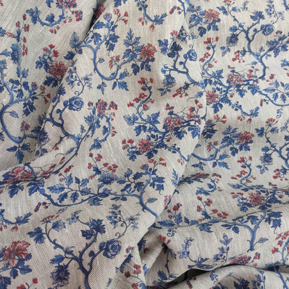 100% LINEN Fabric Toile de Jouy , white botanical fabric with blue indigo red print, French linen floral blossom 326