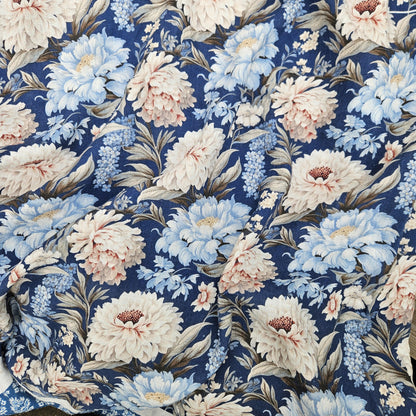 100% LINEN Fabric blue floral DAHLIAS, white blue botanical fabric with floral print, indian block print on linen linen 2578