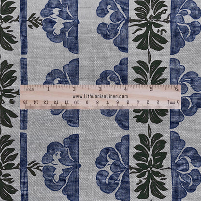 100% LINEN Fabric hand block print floral stripe - oatmeal linen fabric with blue green print - fabric for home decor upholstery