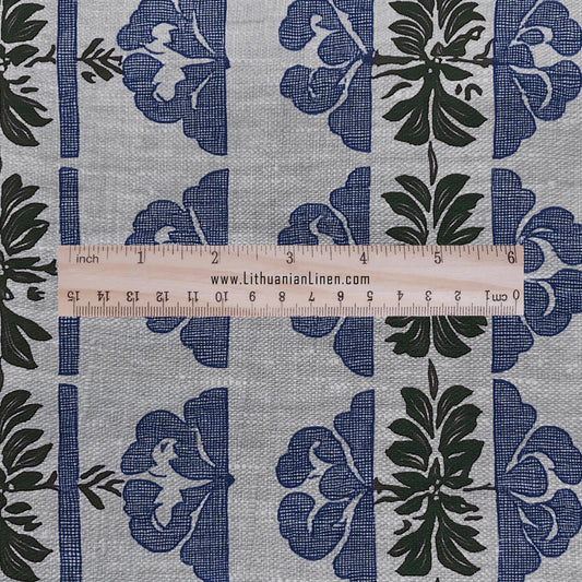 100% LINEN Fabric hand block print floral stripe - oatmeal linen fabric with blue green print - fabric for home decor upholstery