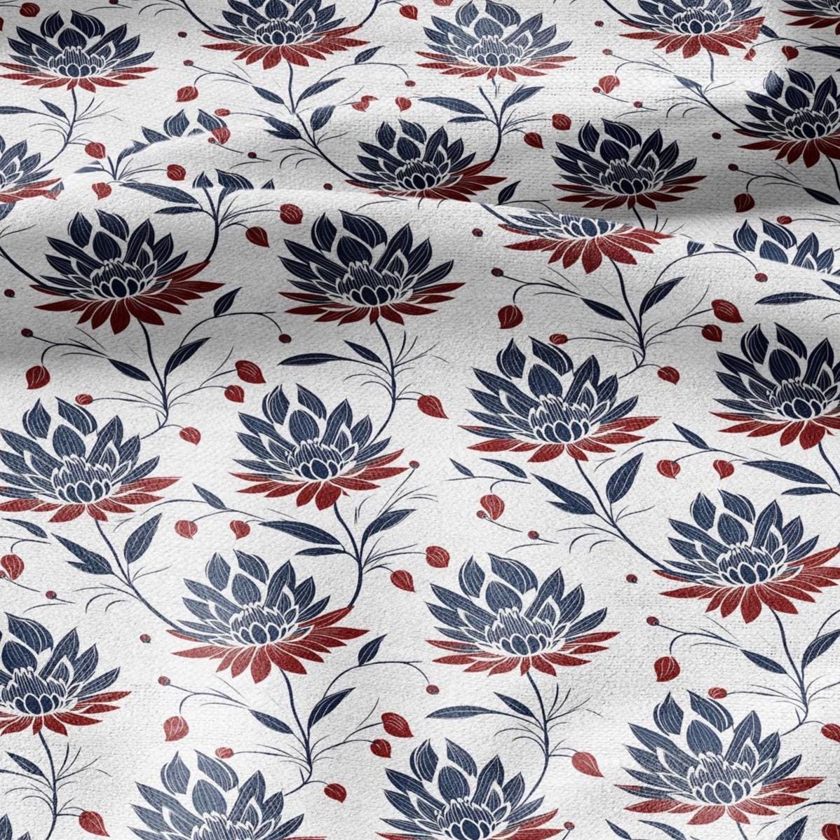 100% LINEN Fabric Block print Lotus blosoom - modern vintage botanical flower upholstery home textile artisan blue red white 2322