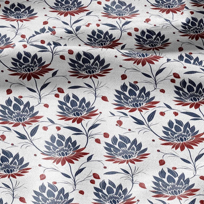 100% LINEN Fabric Block print Lotus blosoom - modern vintage botanical flower upholstery home textile artisan blue red white 2322