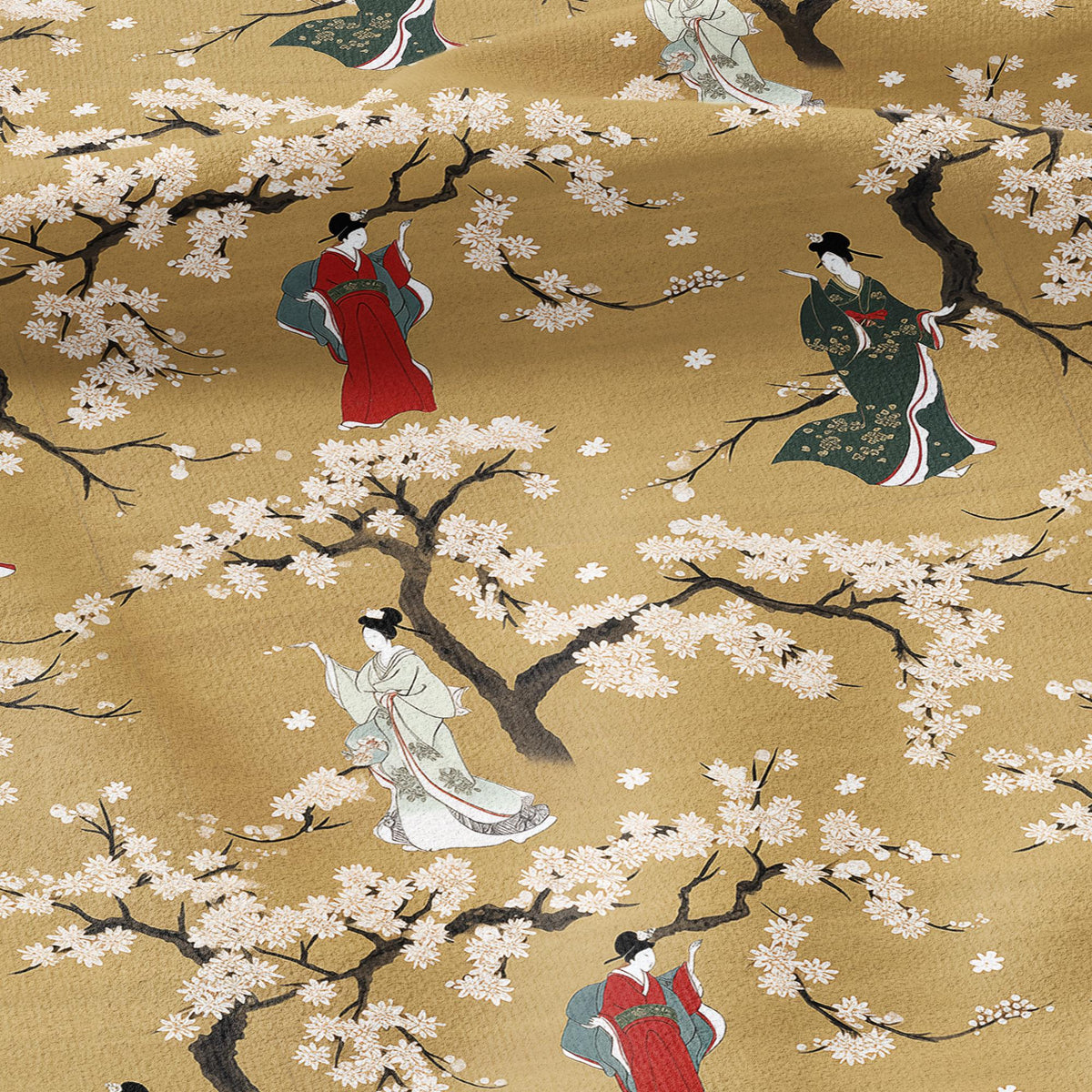 100% LINEN Fabric oriental print with geisha in cherry blossom -  botanical  heavy linen fabric for upholstery home decor 2770