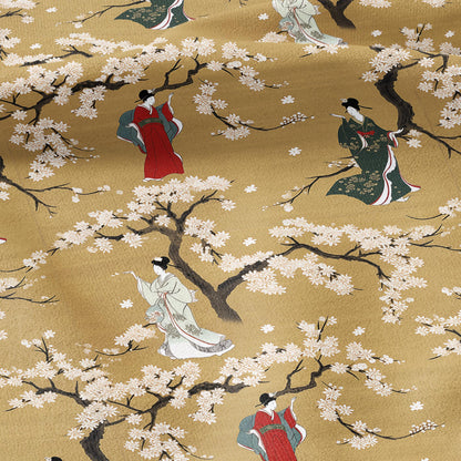 100% LINEN Fabric oriental print with geisha in cherry blossom -  botanical  heavy linen fabric for upholstery home decor 2770