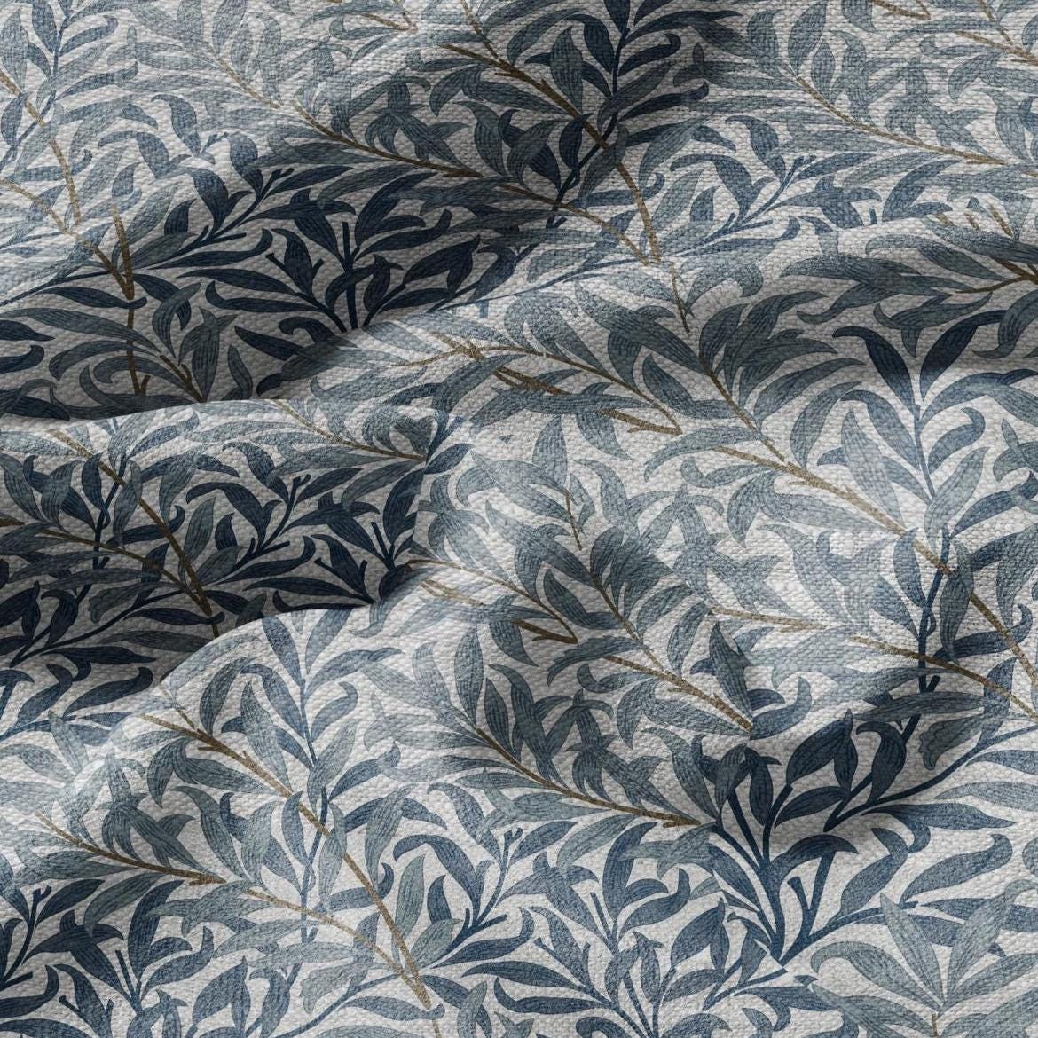 100% LINEN Fabric William Morris Bough Willow - oatmeal natur linen fabric with botanical print - Victorian Art Craft Historical blue 3195