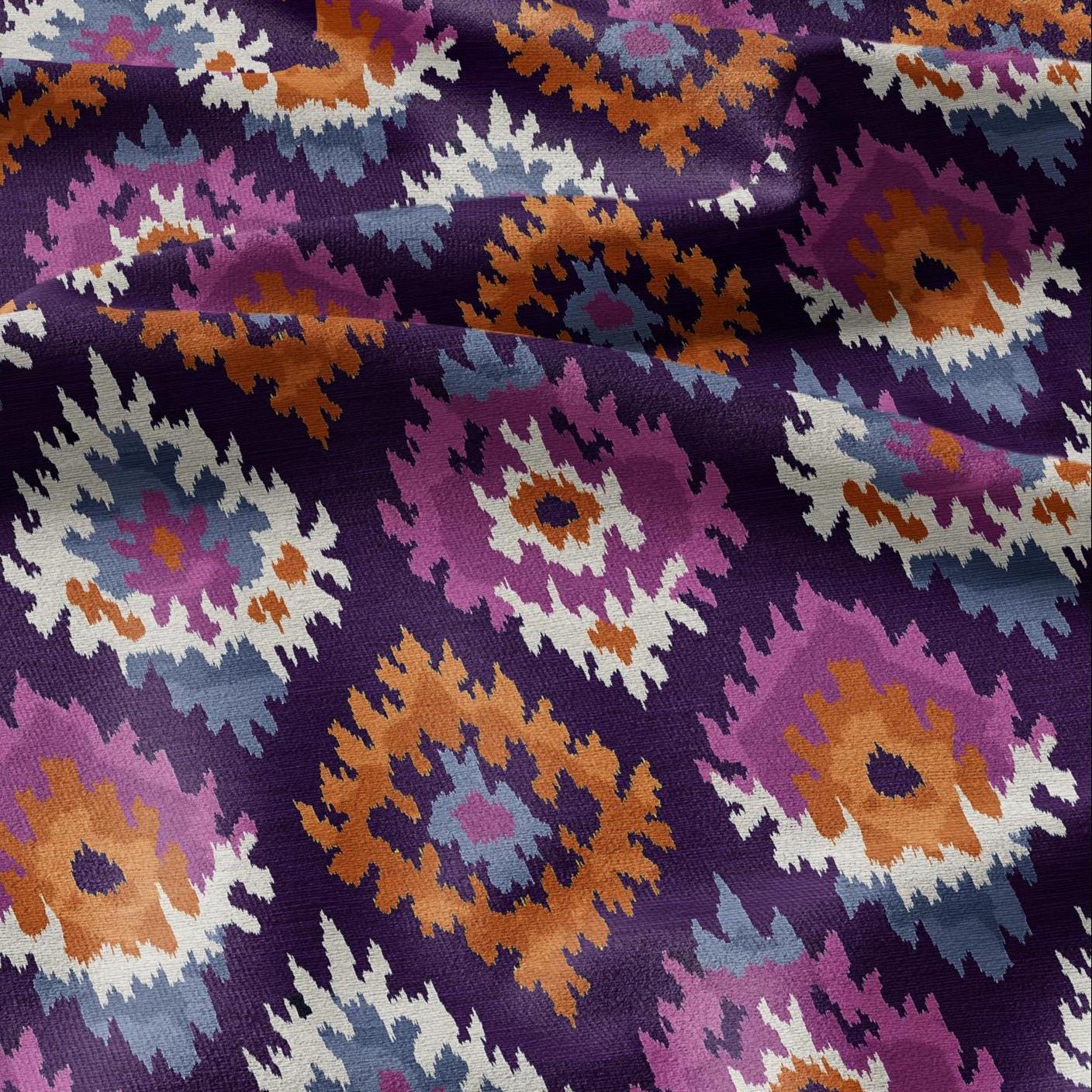 100% LINEN Fabric Abstract Ikat ethno print - Modern Purple beige - for upholstery home decor curtains pillows sewing dress 2987