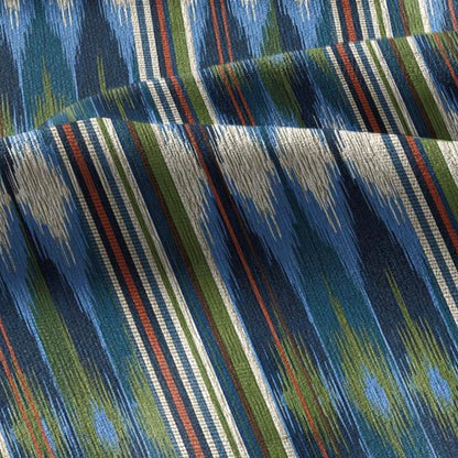 100% linen fabric green blue ikat stripe print - Vintage abstract modern geometric 3398