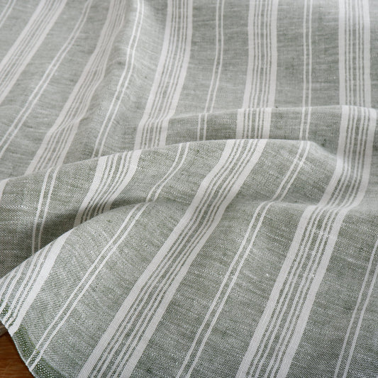 Premium Linen striped Fabric in green white | Heavy weight French country stripes in green white