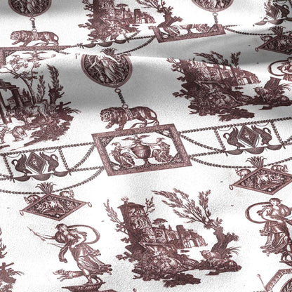 100% LINEN Fabric french red white print - Goddess Diana with Lion - toile de jouy - Diane chasseresse by Jean-Baptiste Huet 3419