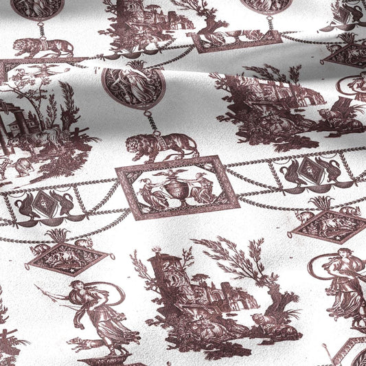 100% LINEN Fabric french red white print - Goddess Diana with Lion - toile de jouy - Diane chasseresse by Jean-Baptiste Huet 3419