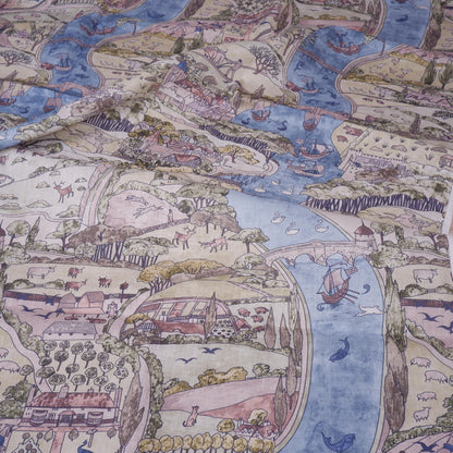 100% linen fabric - River Landscape Countryside - Victorian Art crafts - Historical pattern for upholstery dress making 2996