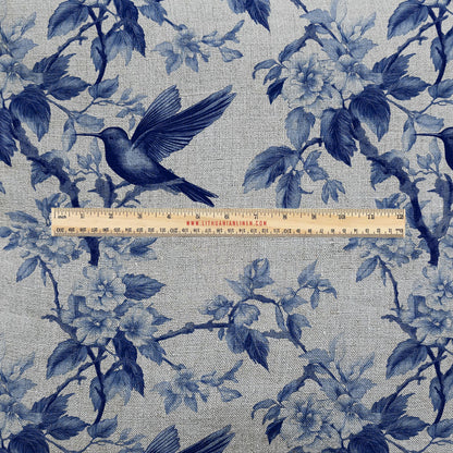 100% LINEN Fabric UPHOLSTERY 12oz - hummingbird floral blue print on linen - Modern vintage marine toile de jouy upholstery 2281