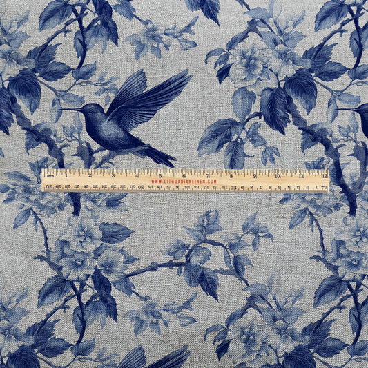 100% LINEN Fabric UPHOLSTERY 12oz - hummingbird floral blue print on linen - Modern vintage marine toile de jouy upholstery 2281