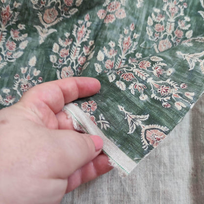 100% LINEN Fabric block print indian 3657-  oatmeal linen fabric with green floral print decor