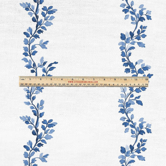 100% LINEN Fabric UPHOLSTERY 12oz - Floral stripe blue white - Modern Vintage Grandmillennial floral upholstery 2710