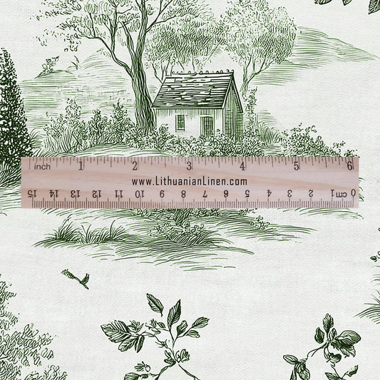 100% LINEN Fabric Countryside landscape - toile de jouy green white print linen heavy upholstery home decor - medium for dress making 3019
