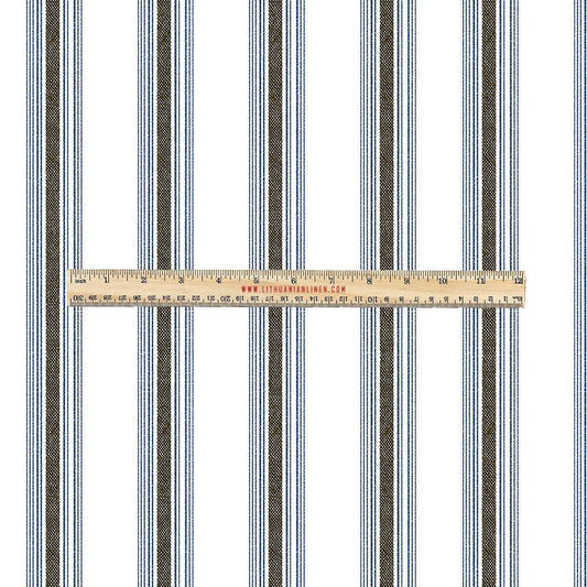 100% LINEN Fabric UPHOLSTERY 12oz - Belgian blue khaki green ticking stripe on white linen - Modern vintage Grandmillenial upholstery 2969