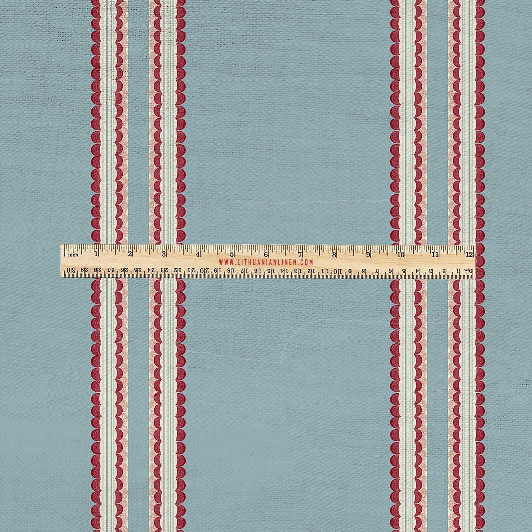 100% LINEN Fabric UPHOLSTERY 12oz - Retro scalloped stripe print on linen  2837