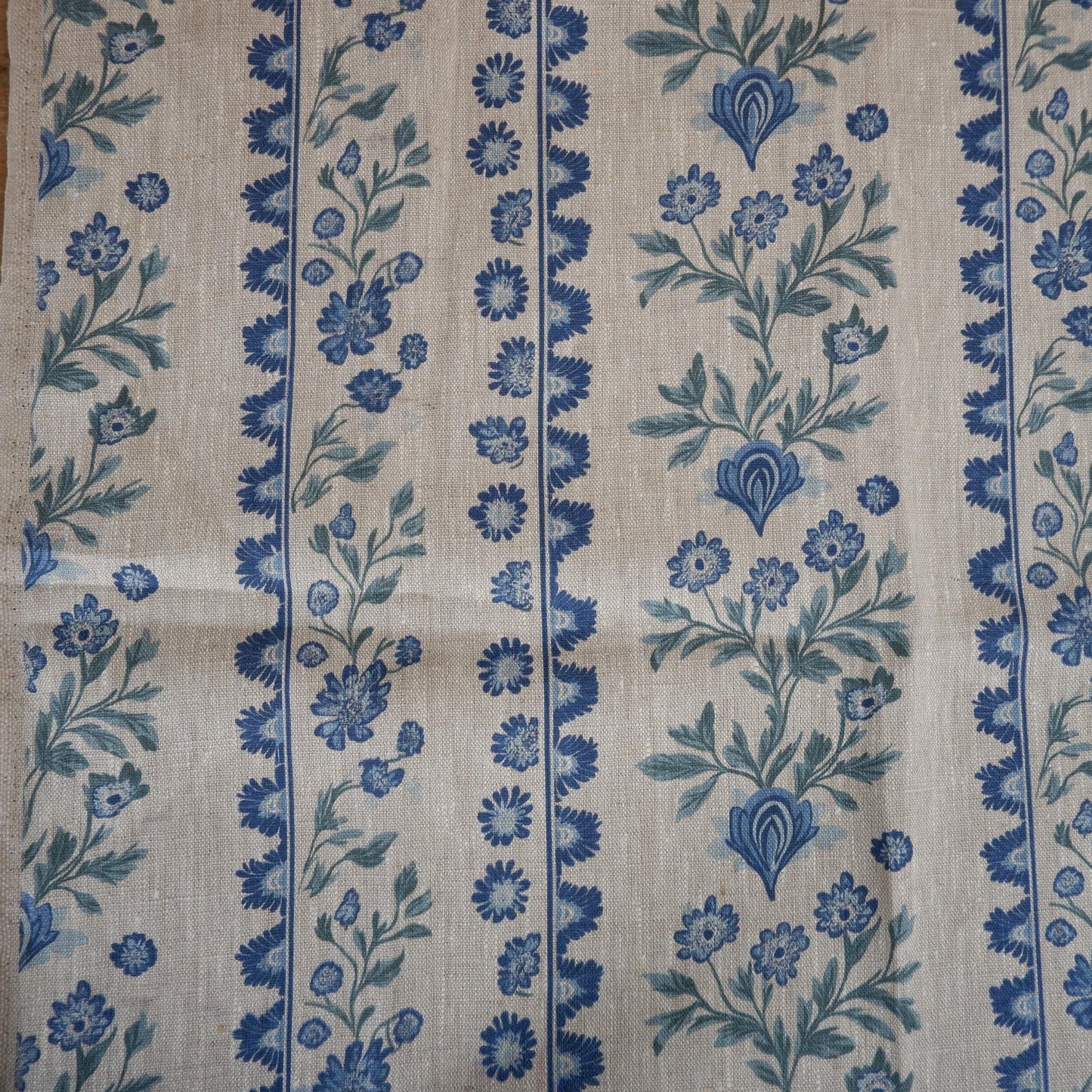 100% LINEN Fabric floral stripe print - oatmeal neutral fabric with blue green print - linen fabric upholstery home decor dressmaking 2153