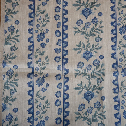 100% LINEN Fabric floral stripe print - oatmeal neutral fabric with blue green print - linen fabric upholstery home decor dressmaking 2153
