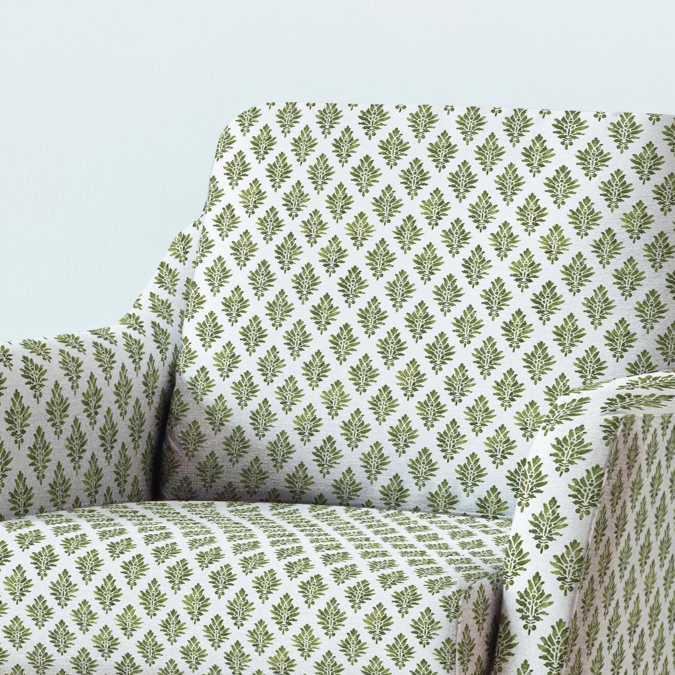 100% LINEN Fabric UPHOLSTERY 12oz - Kensi green block print on white - Modern Vintage Victorian floral upholstery 302