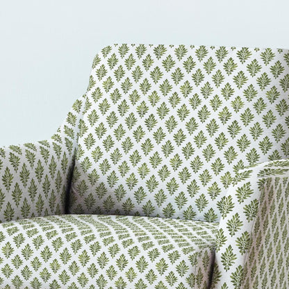 100% LINEN Fabric UPHOLSTERY 12oz - Kensi green block print on white - Modern Vintage Victorian floral upholstery 302
