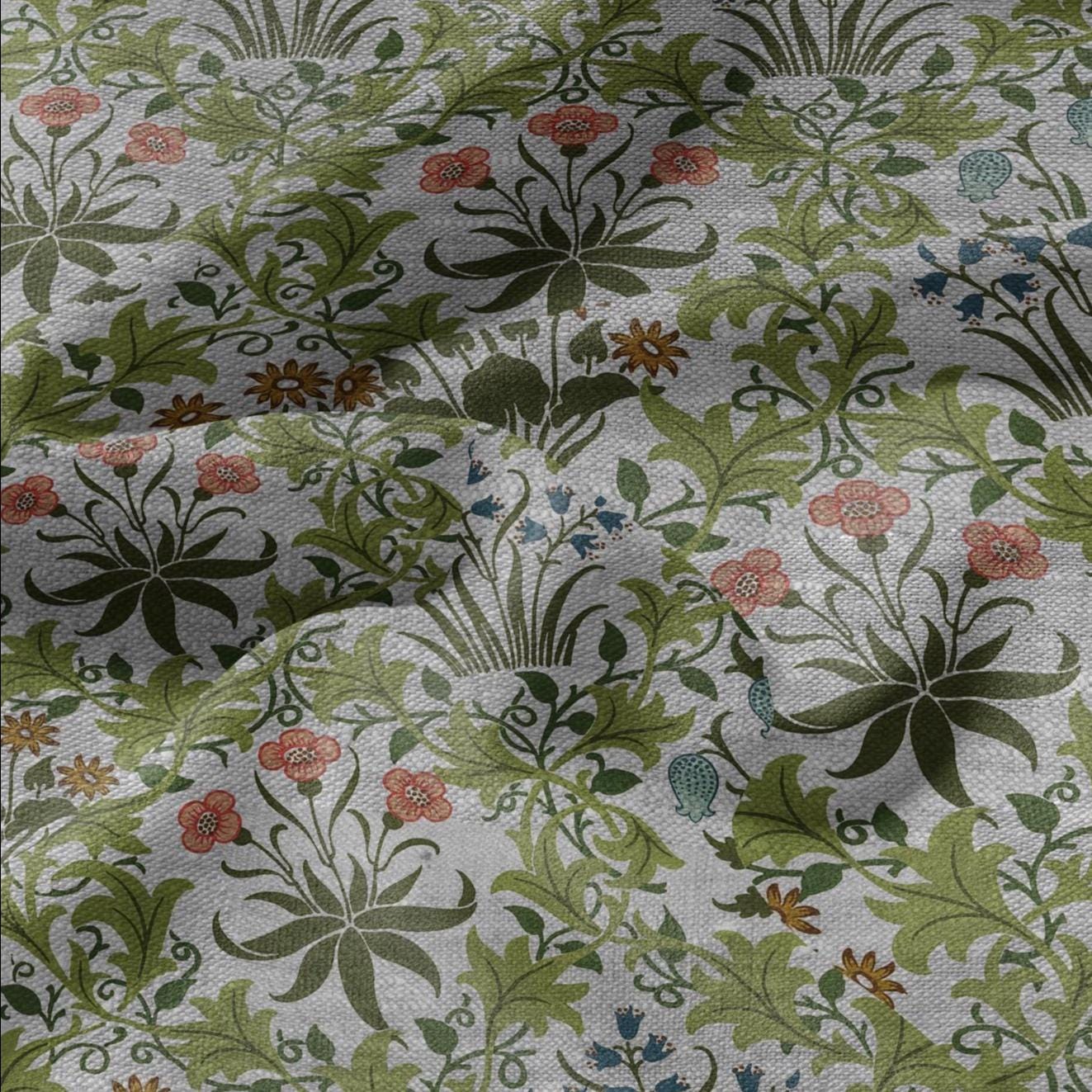 100% LINEN Fabric William Morris print Celandine - botanical green gray floral on oatmeal linen - modern vintage 3161