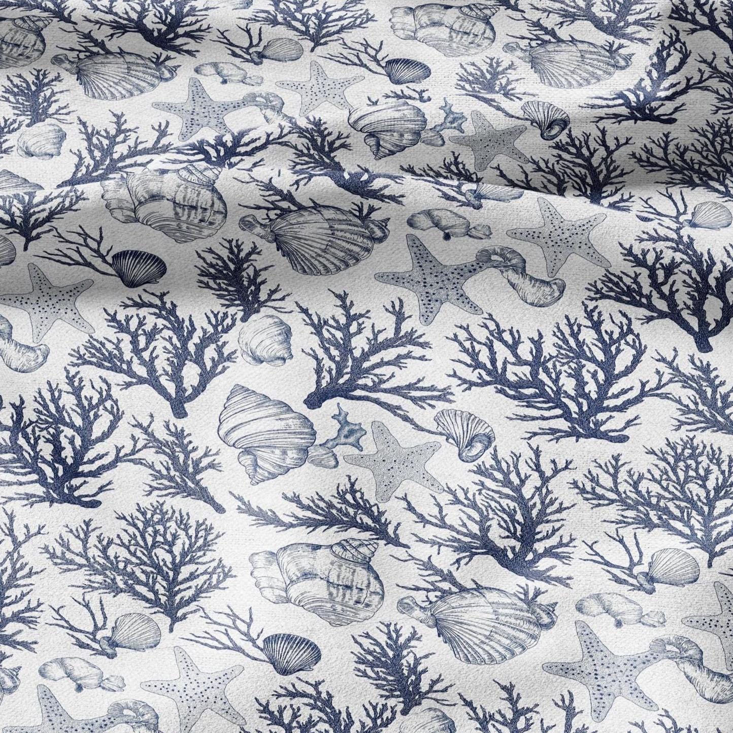 100% LINEN Fabric corals & shells print linen - coastal fabric for upholstery home decor dress making 2364