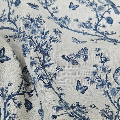 100% LINEN Fabric Toile de Jouy , white botanical fabric with blue indigo print, French linen floral Birds  and butterflies
