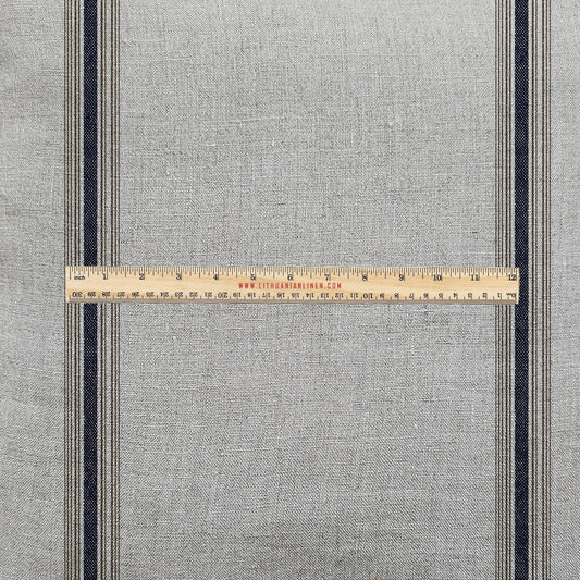 100% LINEN Fabric UPHOLSTERY 12oz - Belgian ticking stripe on natural taupe grey linen - Modern vintage upholstery 2819
