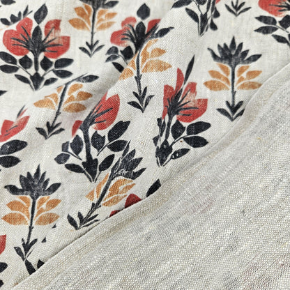 100% LINEN Fabric block print black red on grey | oatmeal linen fabric with floral print | linen fabric for upholstery home decor  2002
