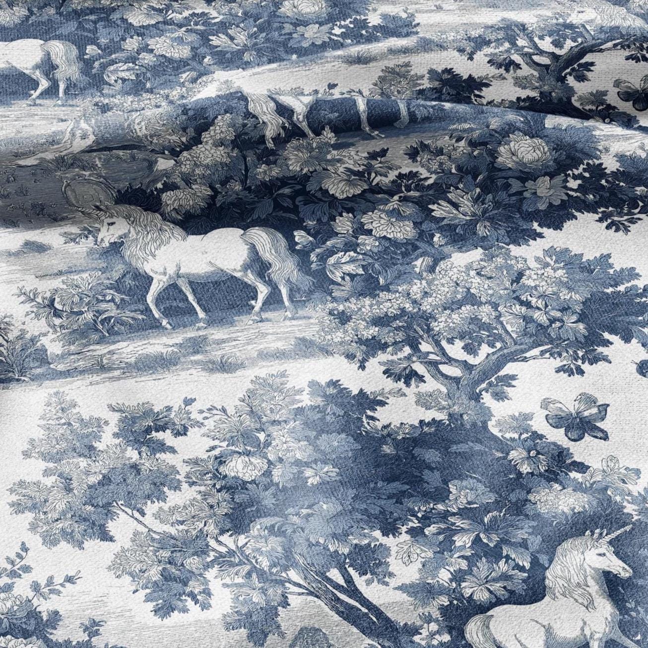 100% LINEN Fabric Unicorn - toile de jouy fairytale print heavy for upholstery home decor or medium for dress making - blue chinoiserie 2810