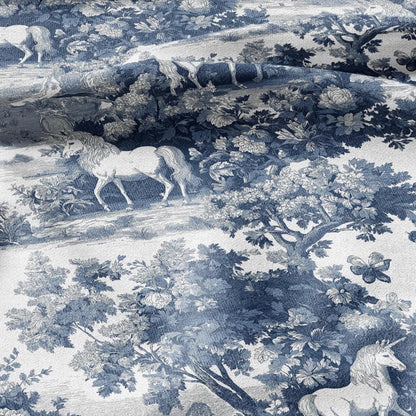 100% LINEN Fabric Unicorn - toile de jouy fairytale print heavy for upholstery home decor or medium for dress making - blue chinoiserie 2810