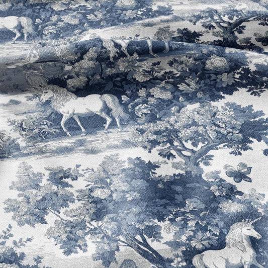 100% LINEN Fabric Unicorn - toile de jouy fairytale print heavy for upholstery home decor or medium for dress making - blue chinoiserie 2810