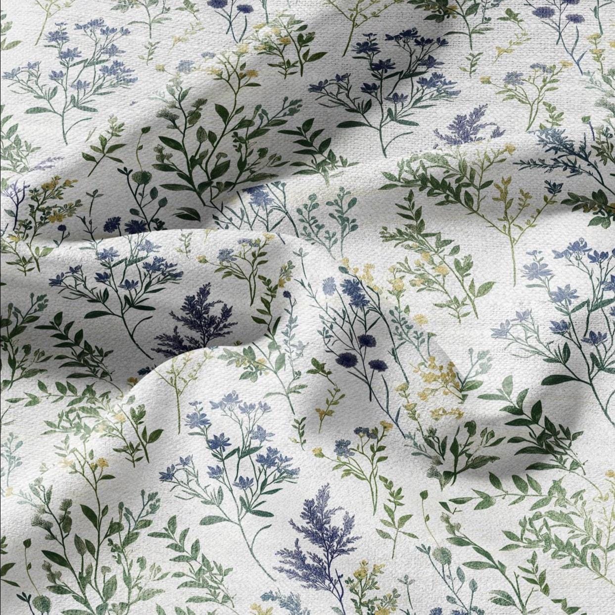 100% LINEN Fabric Meadow print green blue - floral upholstery home textile artisan fabrics blue green white 3038