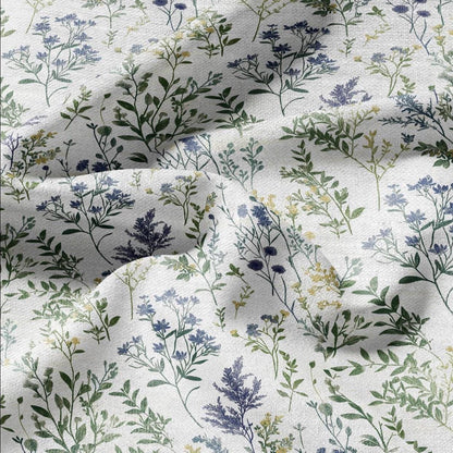 100% LINEN Fabric Meadow print green blue - floral upholstery home textile artisan fabrics blue green white 3038