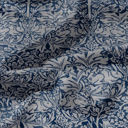 100% LINEN Fabric William Morris Brer Rabbit blue gray - oatmeal linen fabric with botanical print - Victorian Art Craft Historical 3164