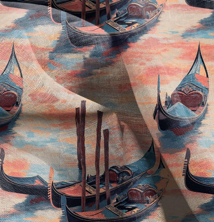 100% LINEN Fabric Italian Venice gondola print, oatmeal natur linen fabric for home decor upholster