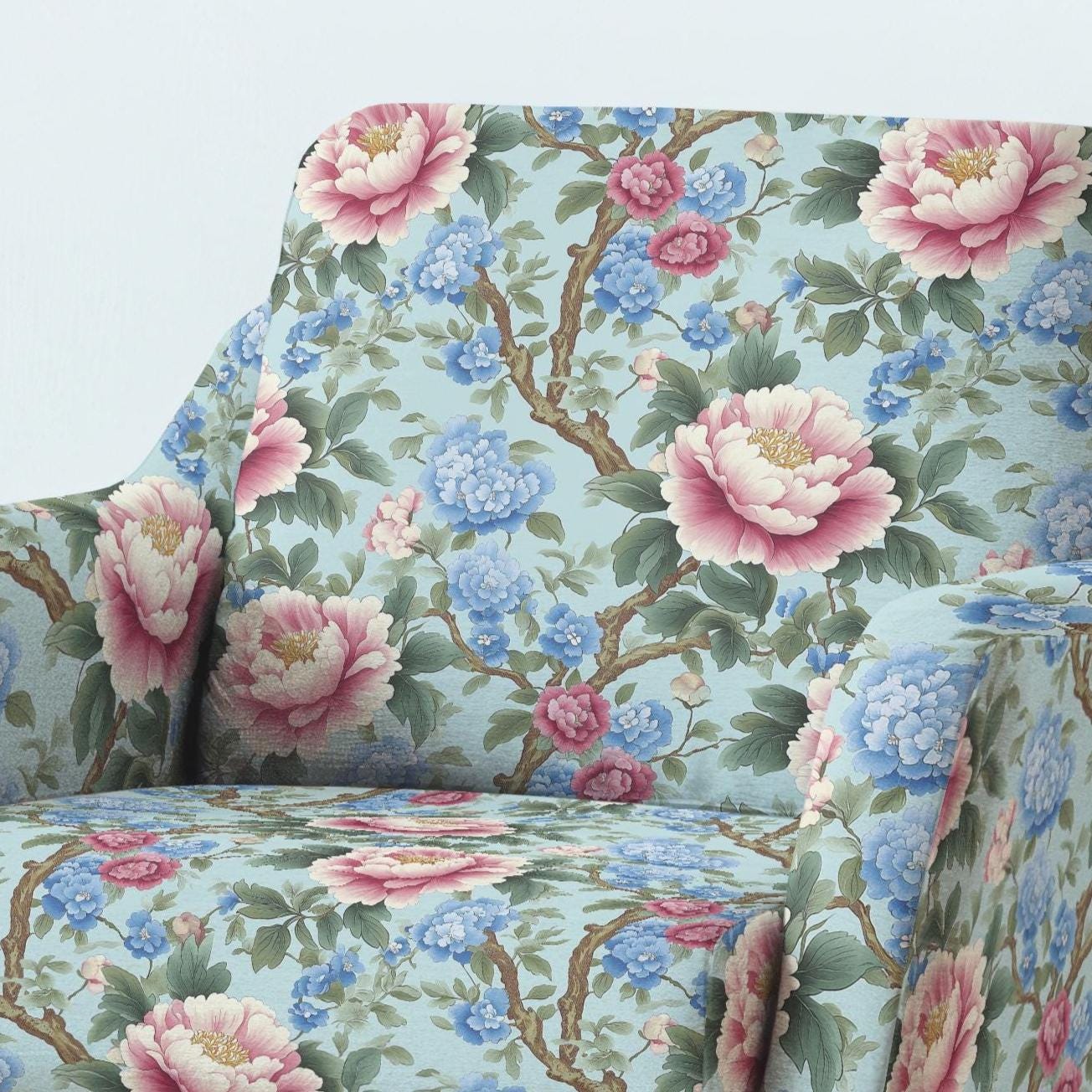 100% LINEN Fabric UPHOLSTERY 12oz - Chinoiserie peony floral print on linen blossom 2282
