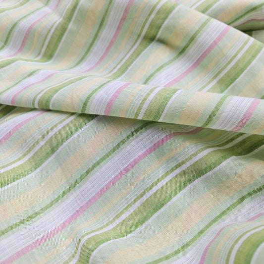 Premium Linen striped Fabric in pastel green white | Medium weight multicolor stripes Andalusia Stripe for clothing home textile
